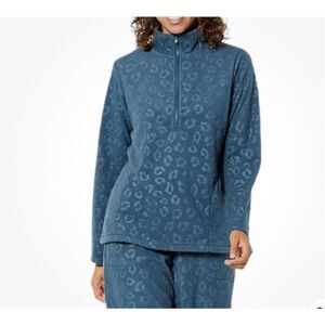 Comfort Code Leopard-Embossed Fleece Quarter Zip Pullover teal blue XS NWT
